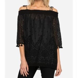 JOHNNY WAS | Hailey Black Off the Shoulder Top Cutouts & Tie Straps Women’s S